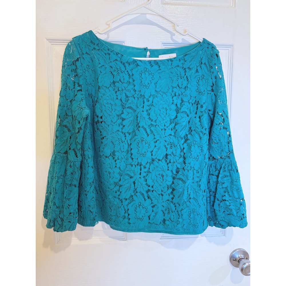 Laundry by Shelli Segal Lace Blouse Bell Sleeve‎ Teal Green Top Size M